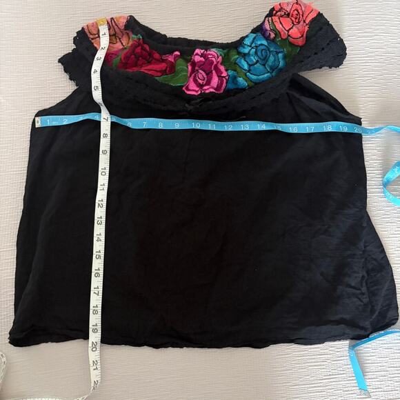 Boho Floral Embroidered Off Shoulder Peasant Top Black Crochet Festival Blouse M - Picture 10 of 10